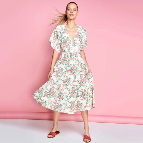 NWT 1. State Bouquet Floral Flutter Wrap Midi Dres - Picture 1 of 8